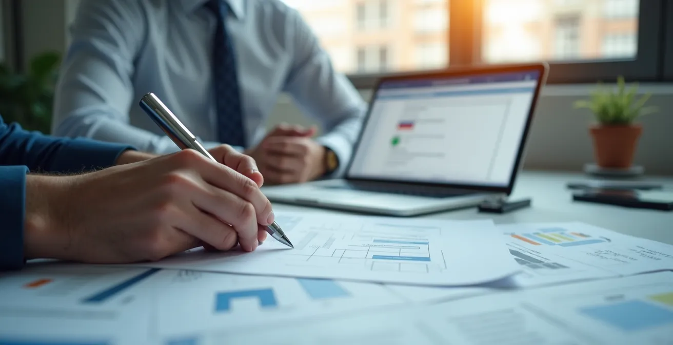 Professionnel rédigeant un cahier des charges de déménagement avec documents, plans et checklists devant ordinateur