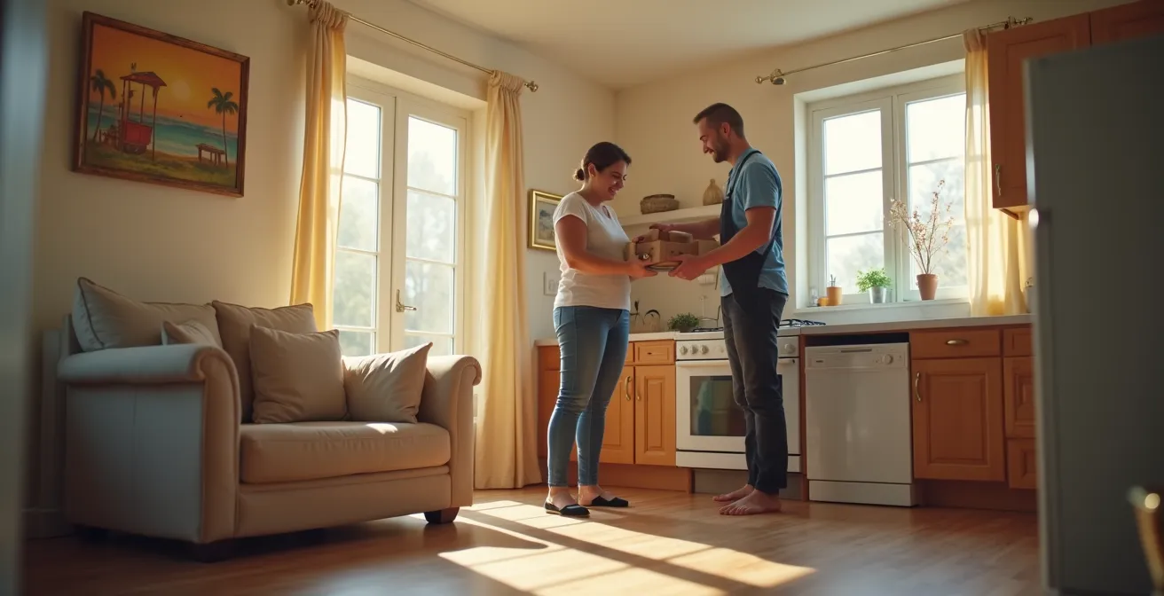 Illustration d'un professionnel aidant à l'installation de meubles et à la gestion des services après déménagement