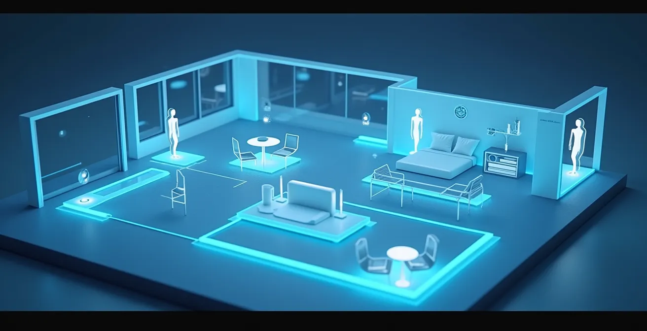 Interface d’une application 3D montrant la simulation d’un aménagement intérieur avec passage d’une personne et zones fonctionnelles