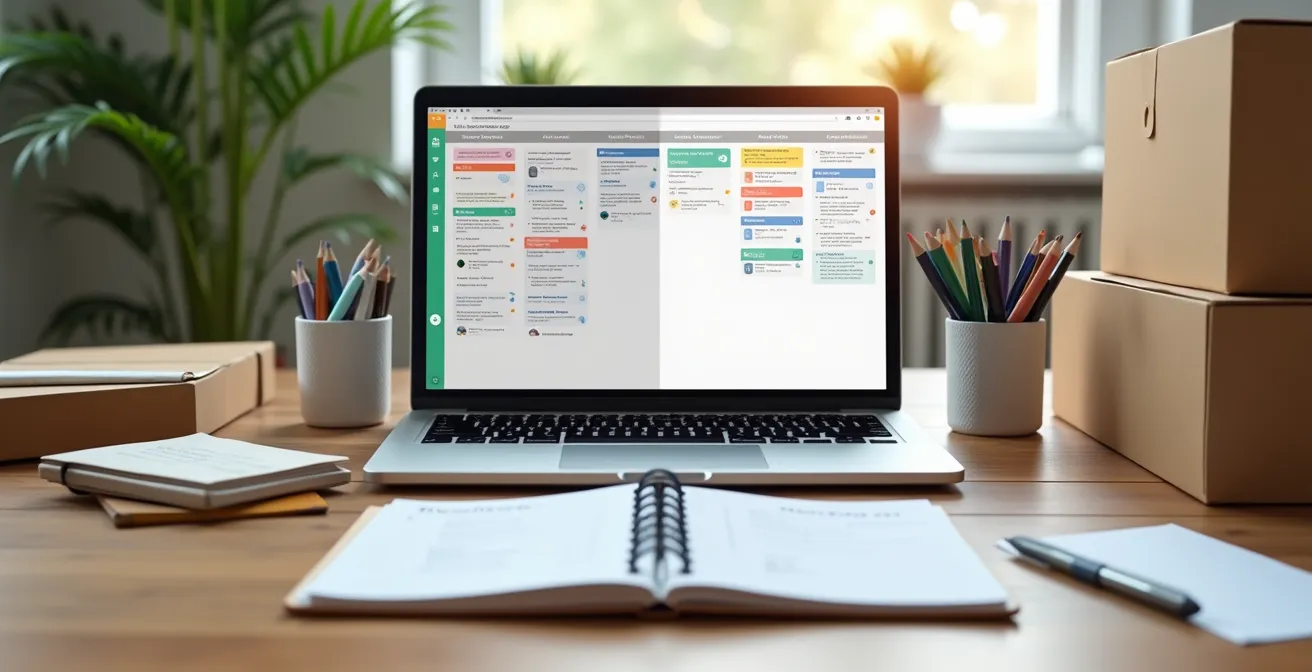 Comparatif visuel entre un tableau Trello affiché sur un écran et un carnet manuscrit ouvert, entourés de cartons et post-its.