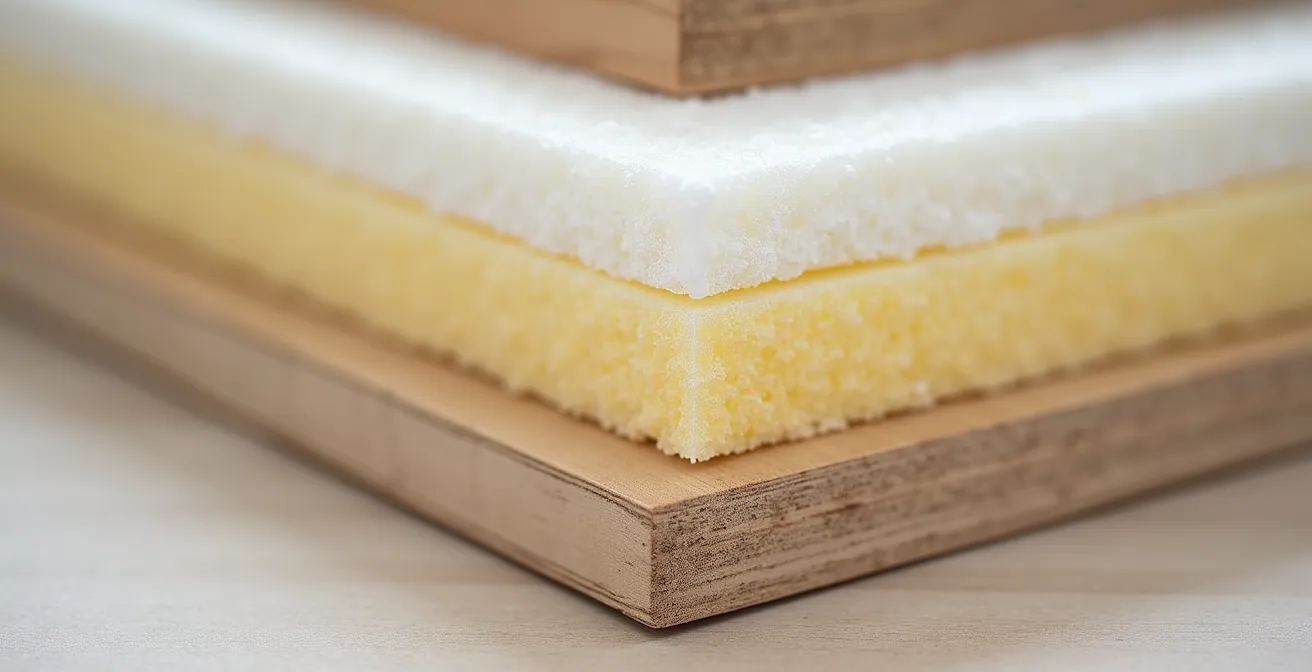 Schéma artistique montrant la superposition des couches de protection sur un coin de meuble : mousse, carton bulle, adhésif