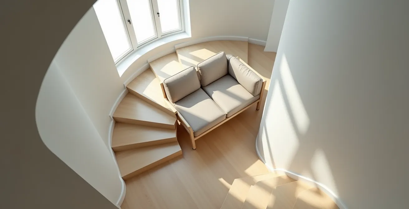 Simulation 3D d'un canapé passant dans un escalier en colimaçon typique de Montréal.