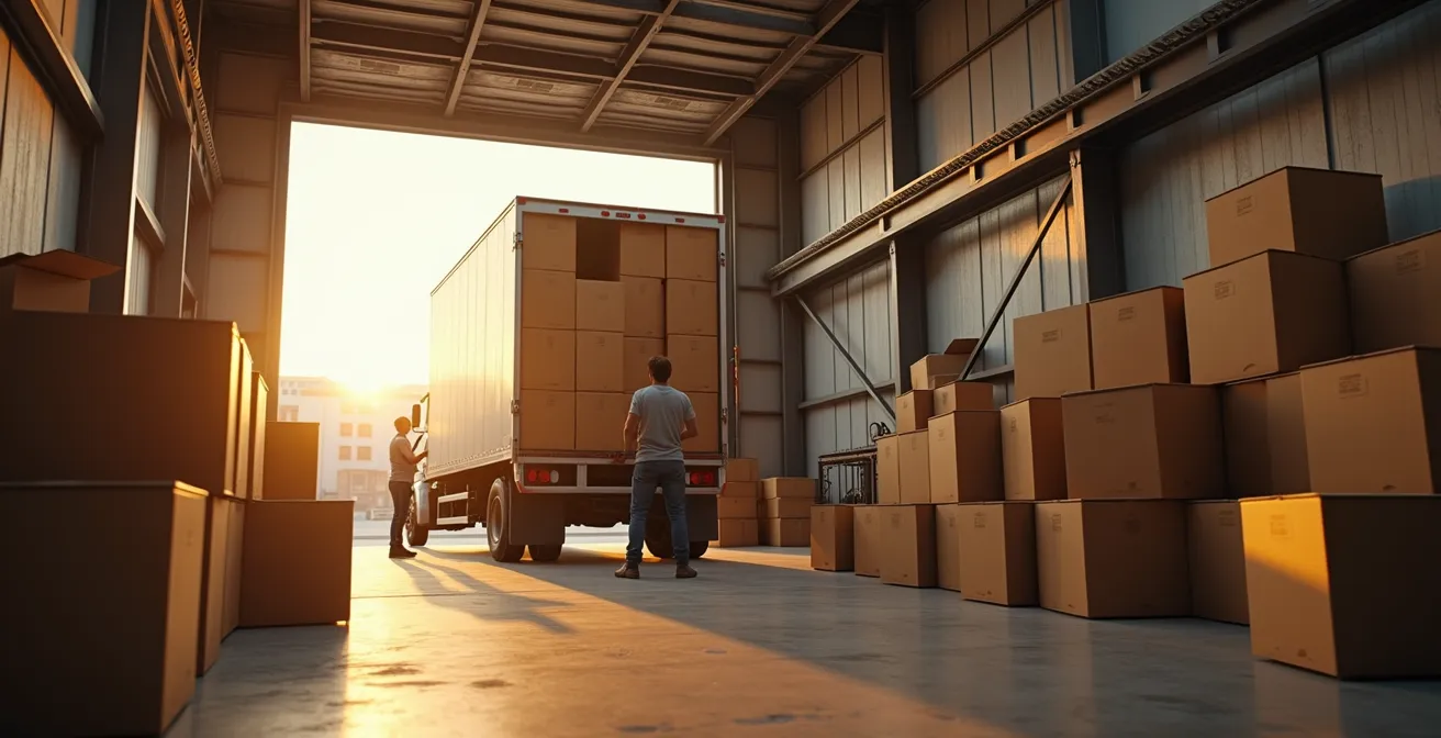 Chargement méthodique d’un camion, cartons alignés formant un mur porteur, meubles démontés, objets dans les espaces vides.