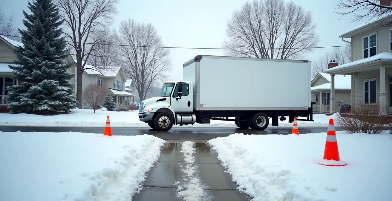 Vue large d'un camion de déménagement stationné dans une rue enneigée avec équipements de protection