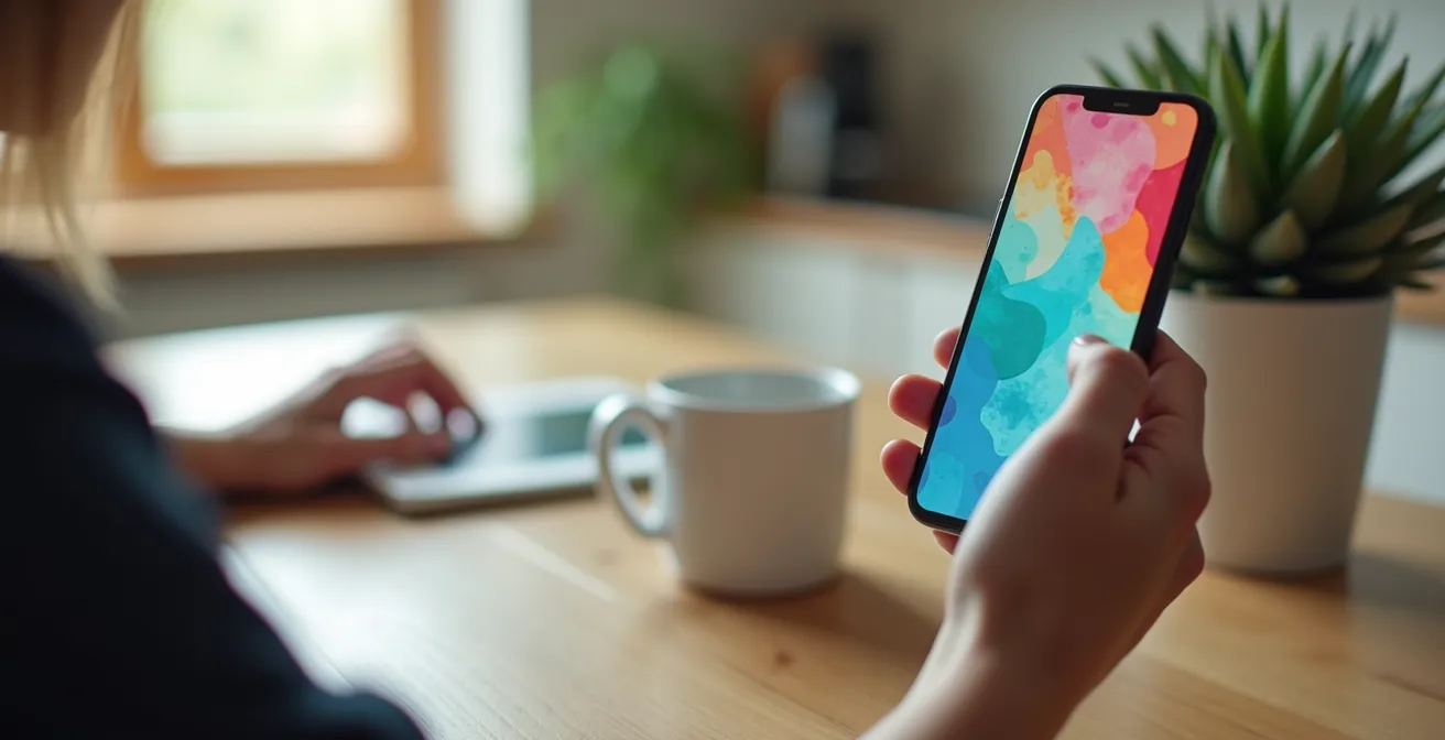 Main tenant un smartphone montrant une carte numérique floue avec des éléments visuels colorés