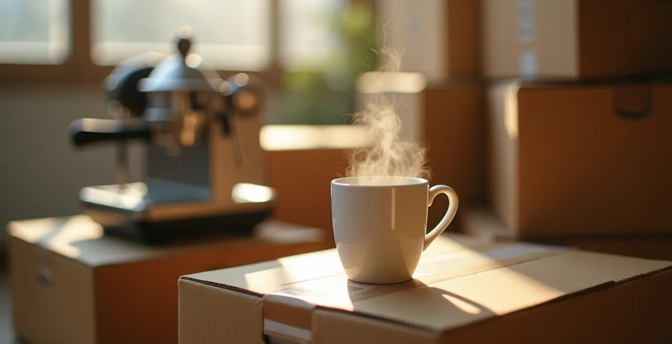 Gros plan sur un coin café improvisé avec une machine à café posée sur des cartons, tasses empilées et lumière matinale douce