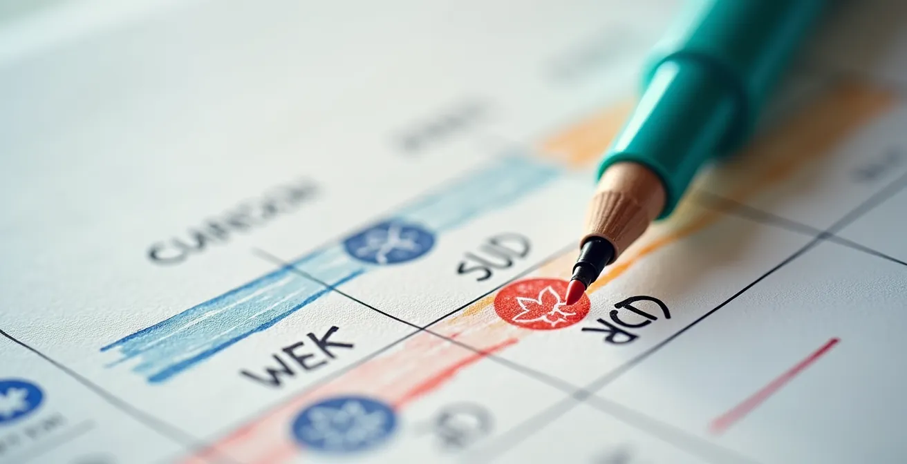 Vue macro d'un calendrier de déménagement avec marqueurs colorés et progression hebdomadaire