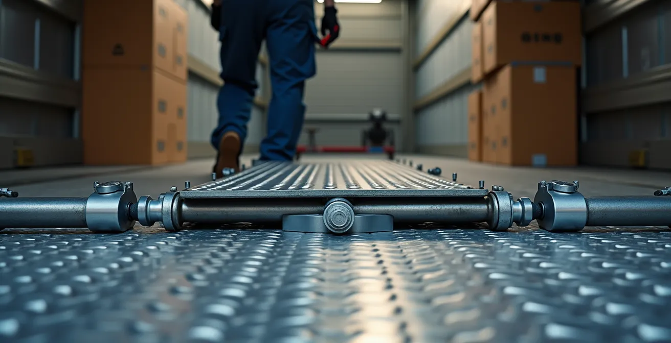 Gros plan sur le hayon élévateur hydraulique d'un camion de déménagement professionnel en action