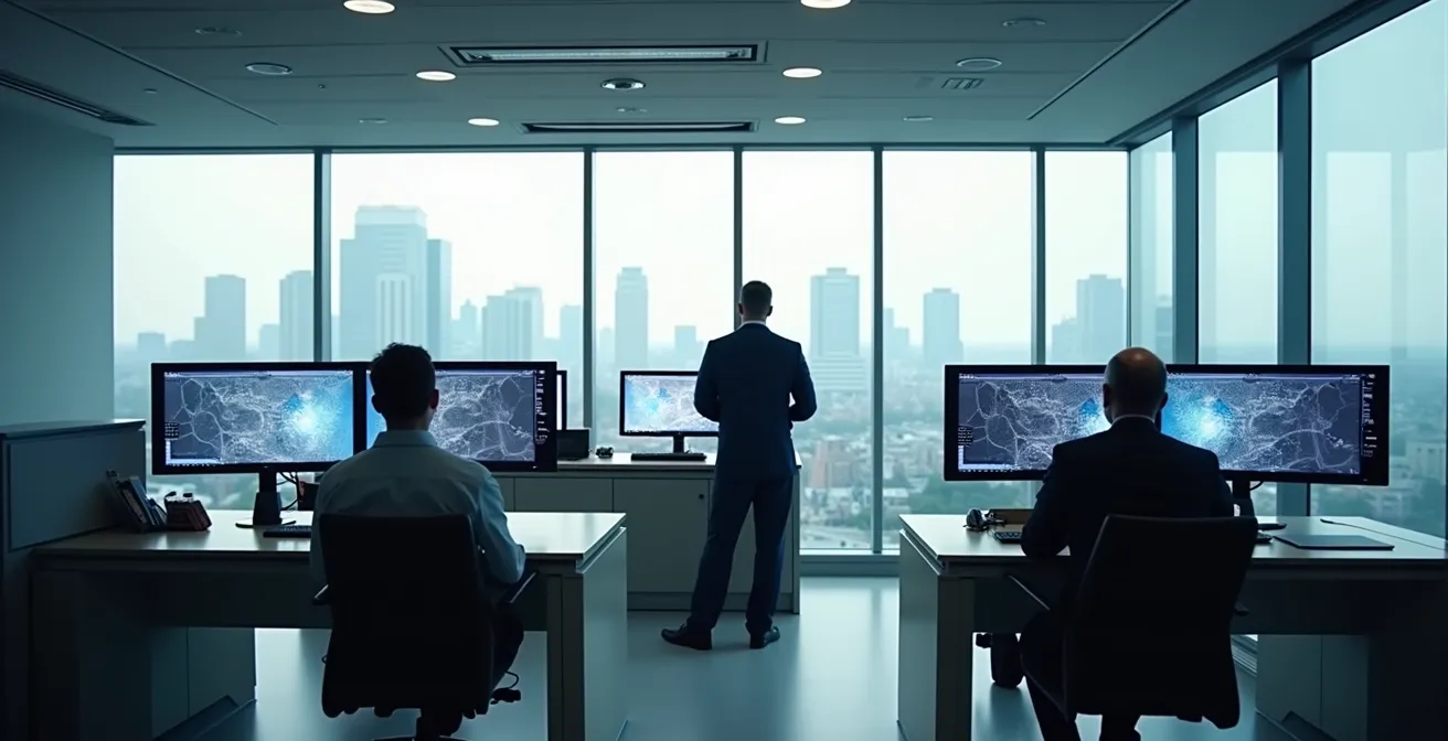 Vue grand angle d'un centre de contrôle logistique moderne avec écrans de suivi et cartes