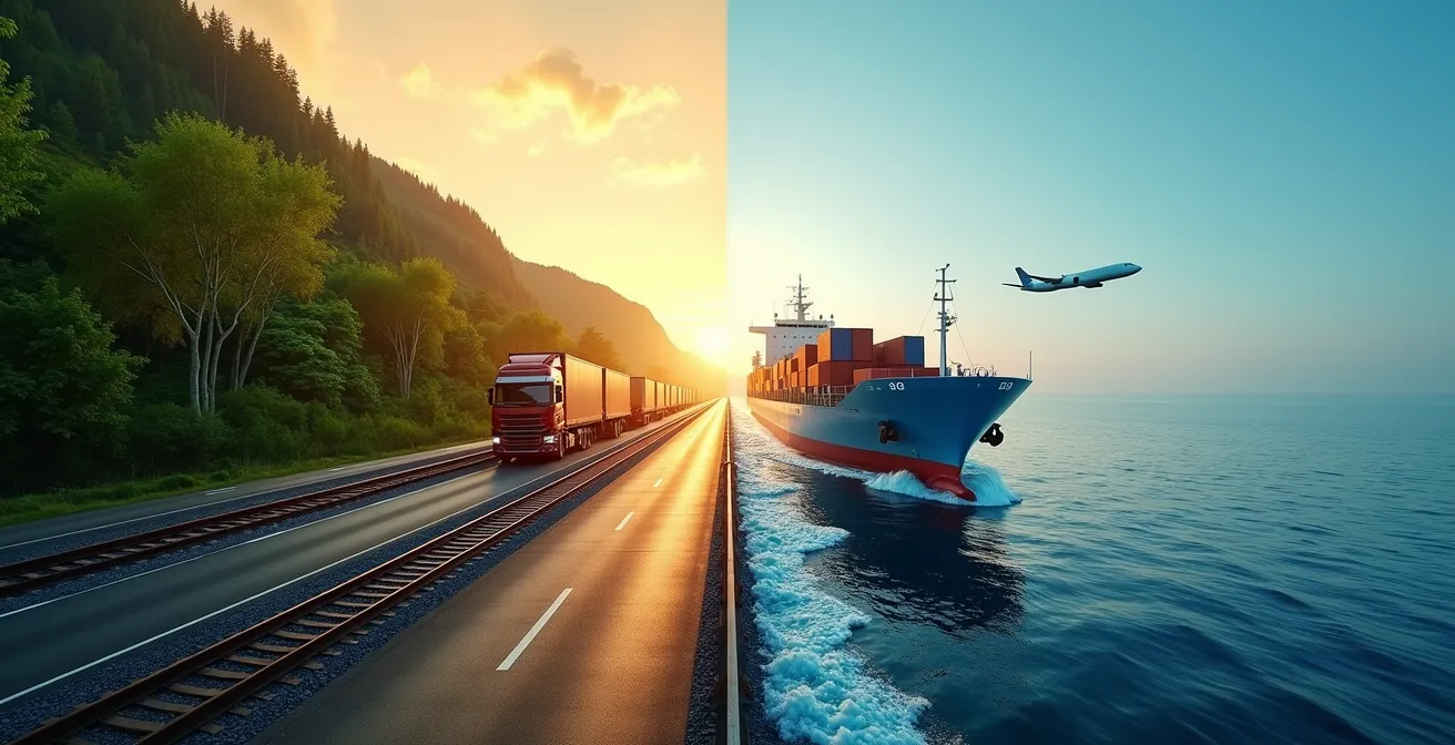 Composition symbolique montrant quatre modes de transport pour déménagement avec leurs émissions CO2 relatives