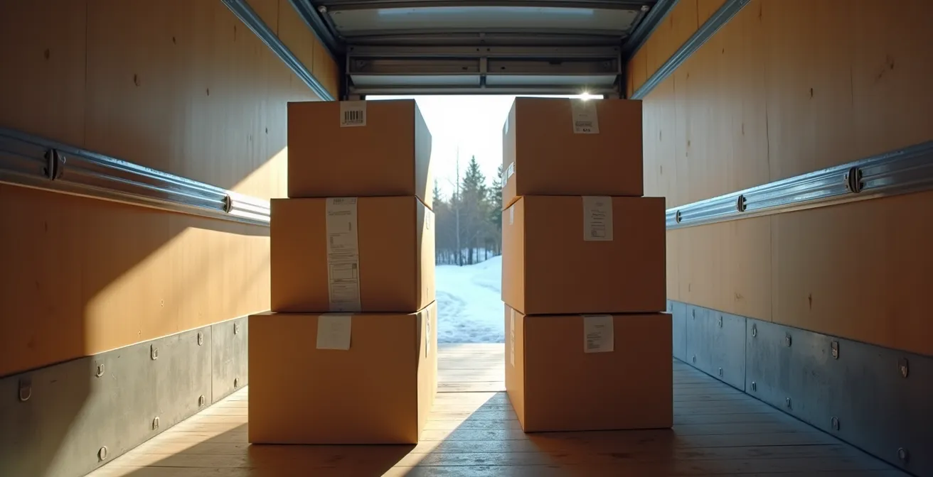Vue comparative de deux cartons dans un camion de déménagement canadien, l'un avec adhésif standard défaillant, l'autre intact avec adhésif armé