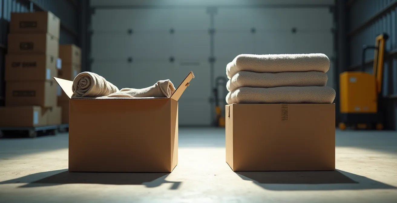 Comparaison visuelle entre un carton simple cannelure affaissé et un carton double cannelure intact sous le même poids