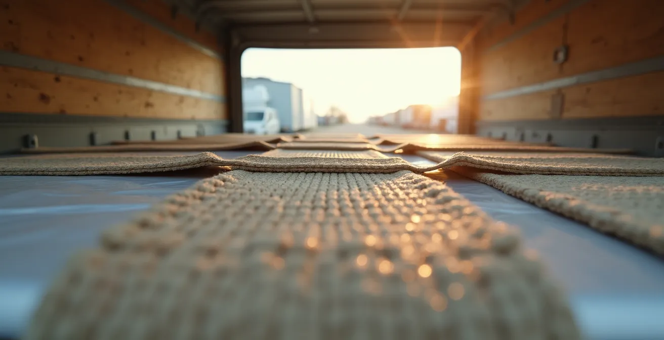 Gros plan macro sur des sangles d'arrimage professionnelles fixant solidement un meuble emballé dans un camion