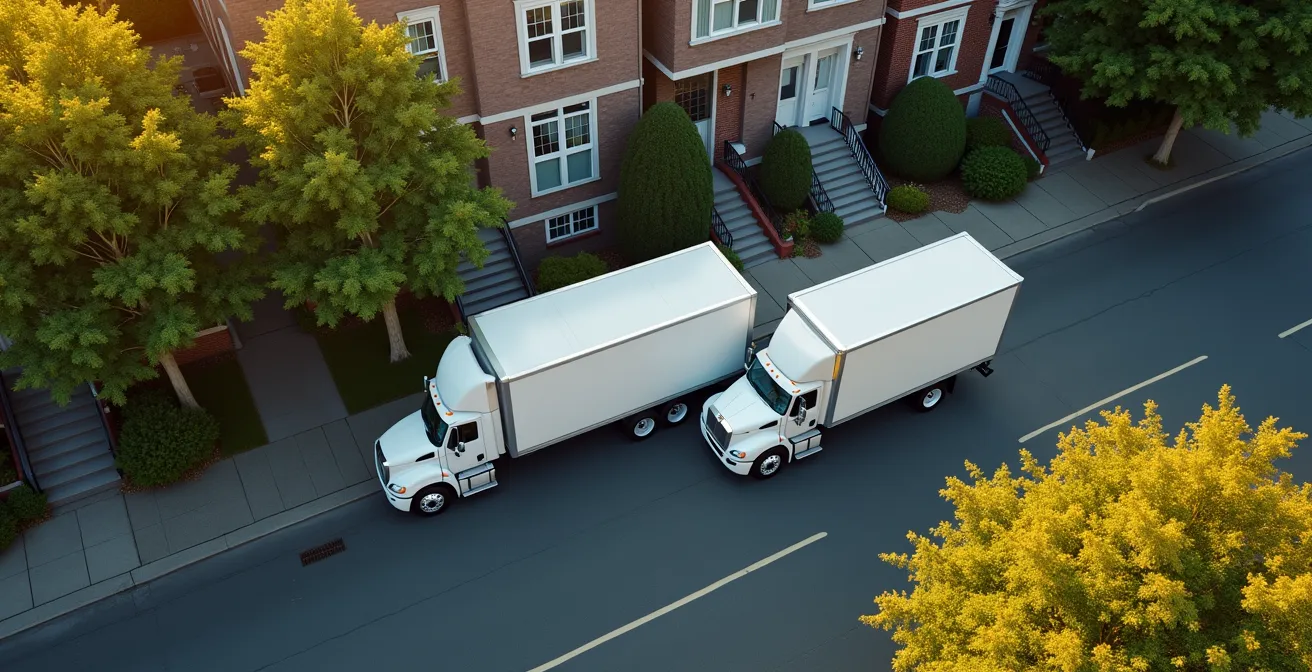 Vue aérienne comparative de trois camions de déménagement de tailles différentes stationnés dans une rue résidentielle montréalaise