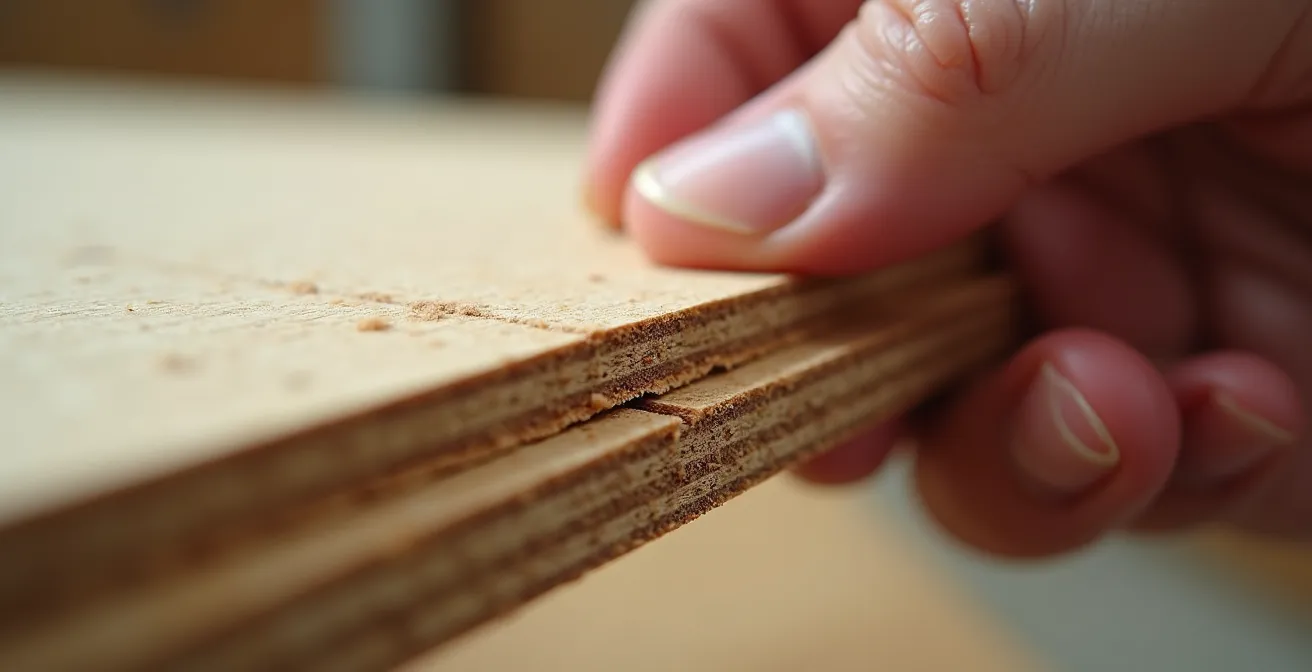 Gros plan sur inspection détaillée d'un panneau de meuble avec traces d'humidité