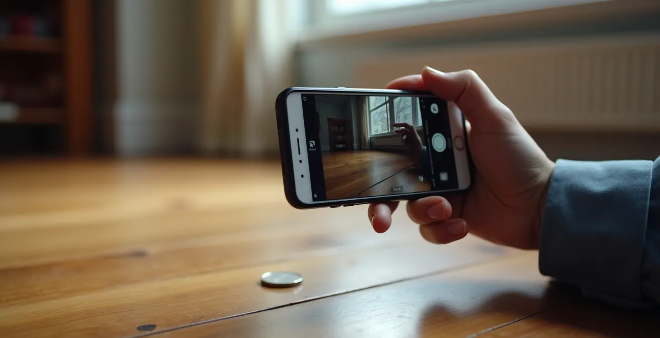 Vue d'une personne photographiant un plancher avec son téléphone, une pièce de monnaie canadienne posée pour l'échelle