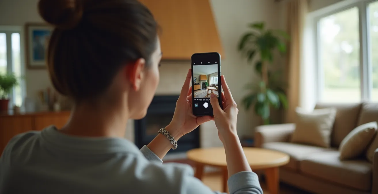 Personne photographiant des meubles dans un salon canadien avec lumière naturelle
