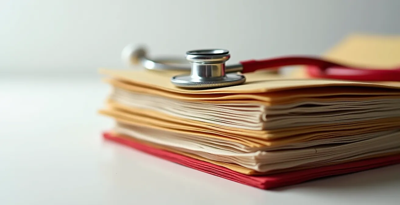 Gros plan sur une pile de dossiers médicaux fermés avec stéthoscope posé dessus