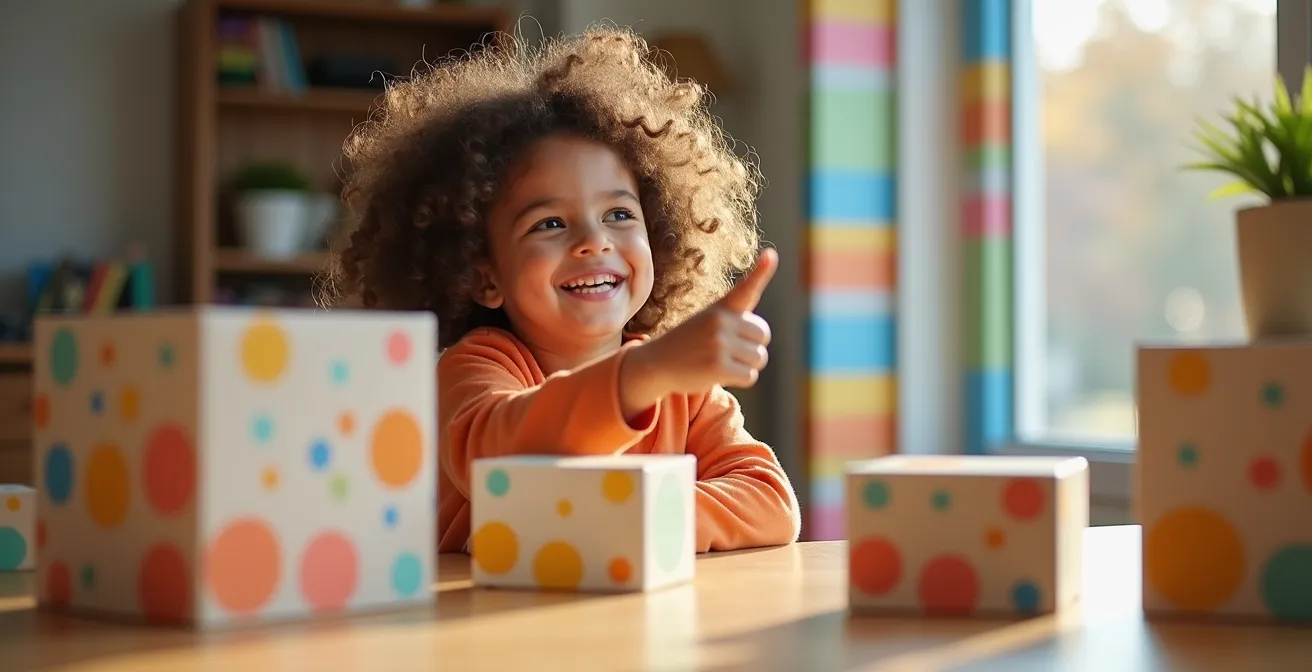 Enfant avec carnet coloré guidant des boîtes marquées de couleurs vives lors d'un déménagement