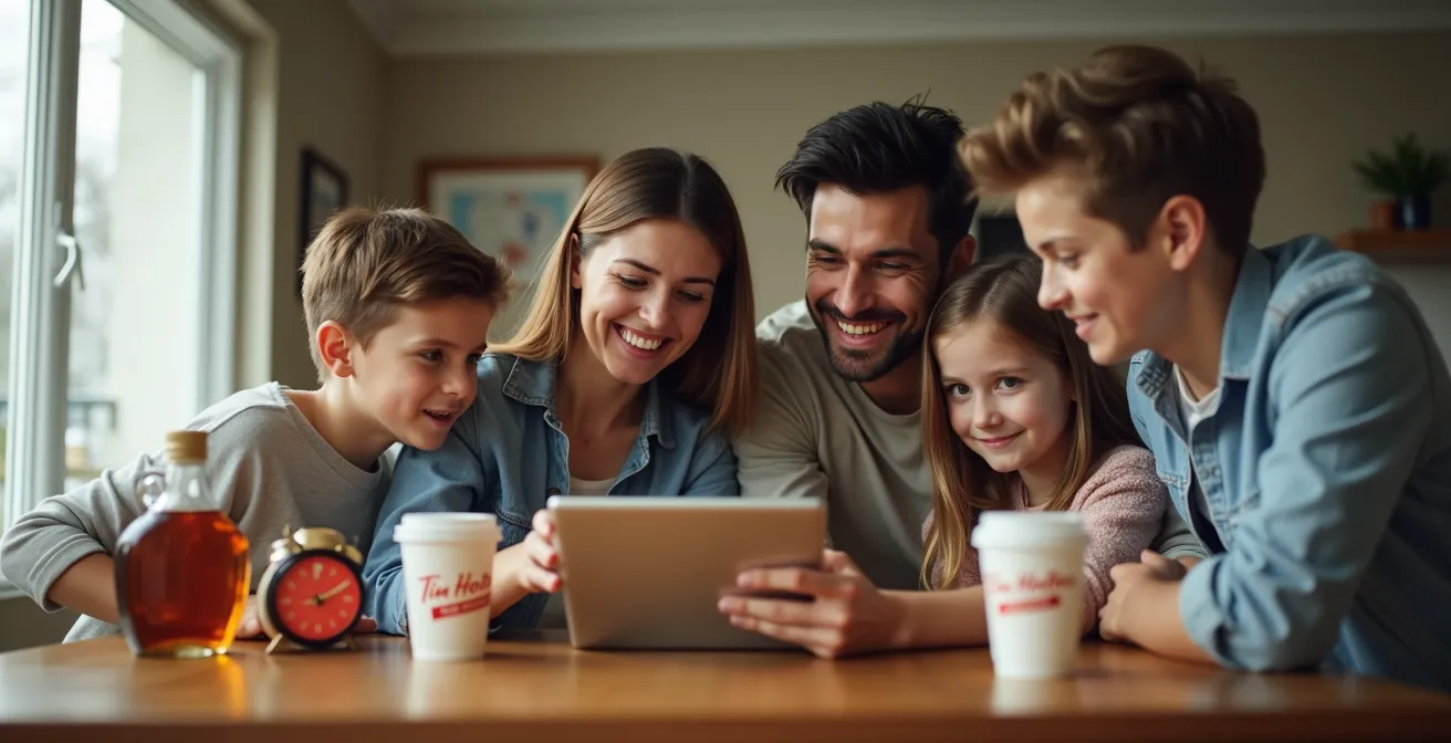Famille canadienne regardant ensemble le suivi GPS de leur déménagement sur une tablette
