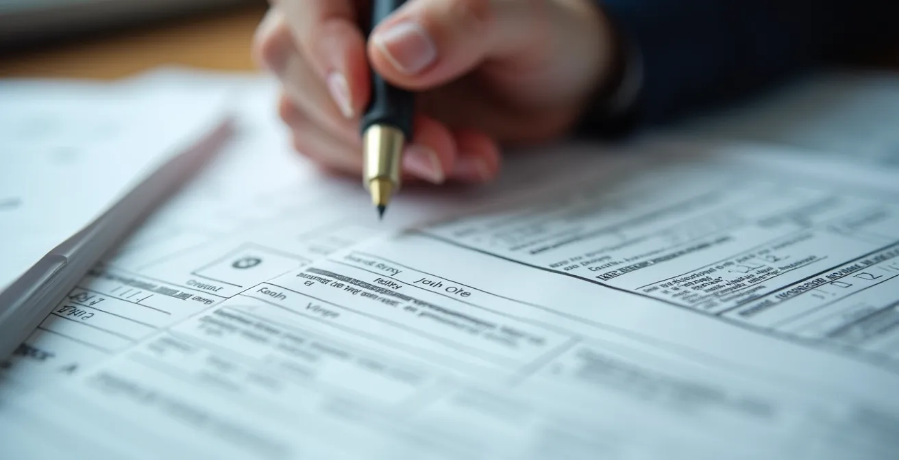 Gros plan sur des mains remplissant des documents d'importation avec tampons officiels visibles