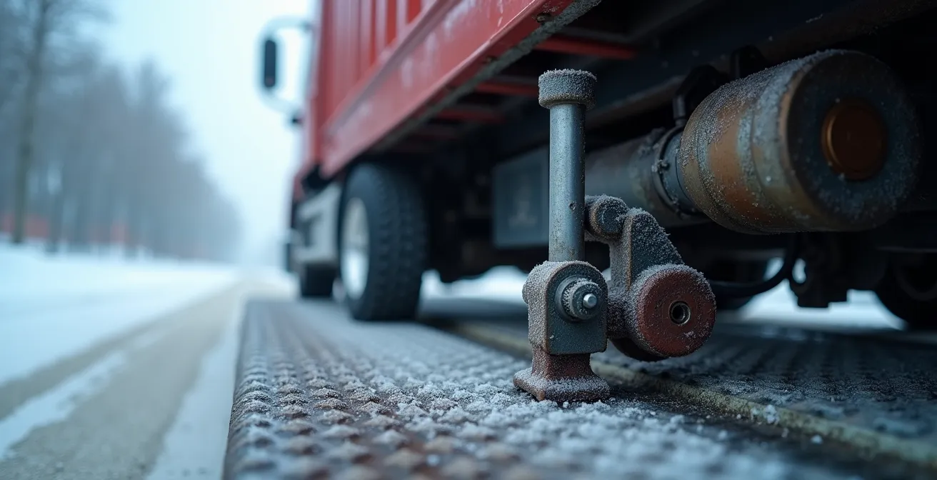 Gros plan sur un hayon hydraulique de camion avec équipement de protection contre le gel