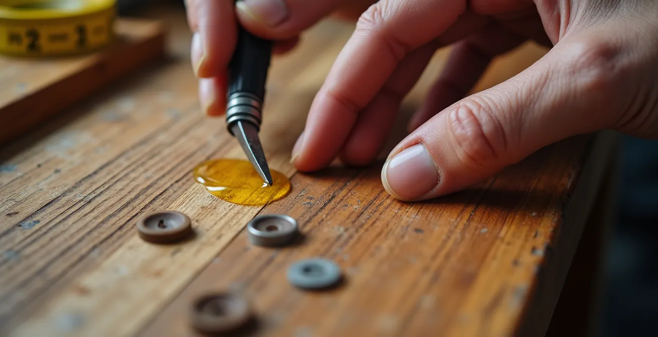 Gros plan sur l'inspection minutieuse d'un meuble ancien avec outils de maintenance et produits d'entretien