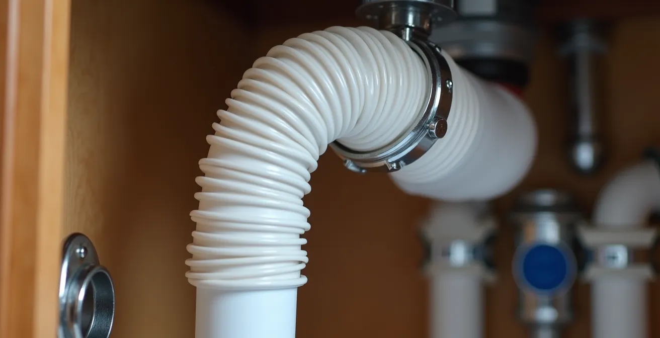 Vue macro détaillée du système de boucle haute d'un tuyau de vidange de lave-vaisselle