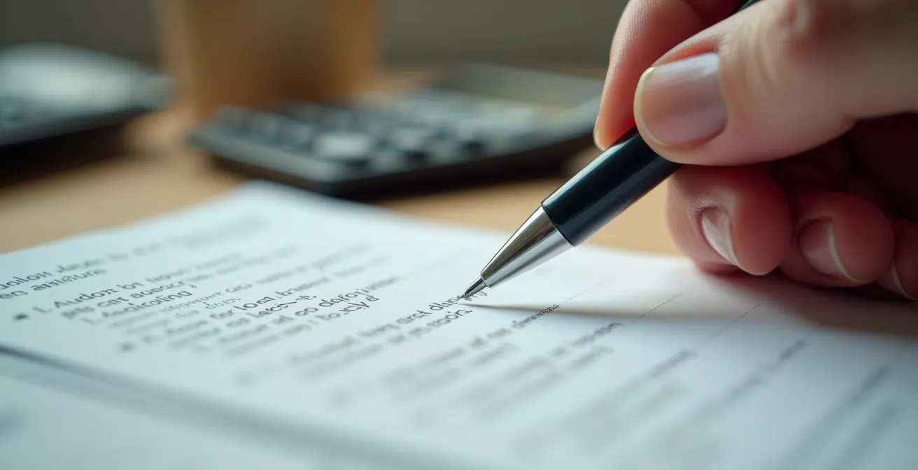 Vue macro d'une main tenant un stylo au-dessus d'un formulaire avec calculatrice et objets personnels flous en arrière-plan