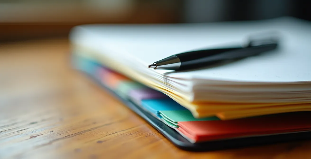 Classeur ouvert avec intercalaires colorés et documents organisés sur un bureau en bois