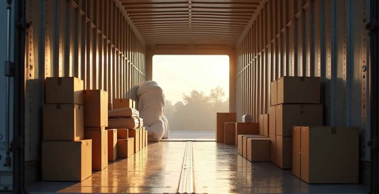 Vue large de l'intérieur organisé d'un camion de déménagement avec mobilier et boîtes parfaitement arrimés