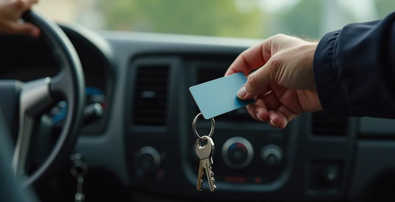 Main tenant un permis de conduire canadien avec des clés de camion en arrière-plan flou