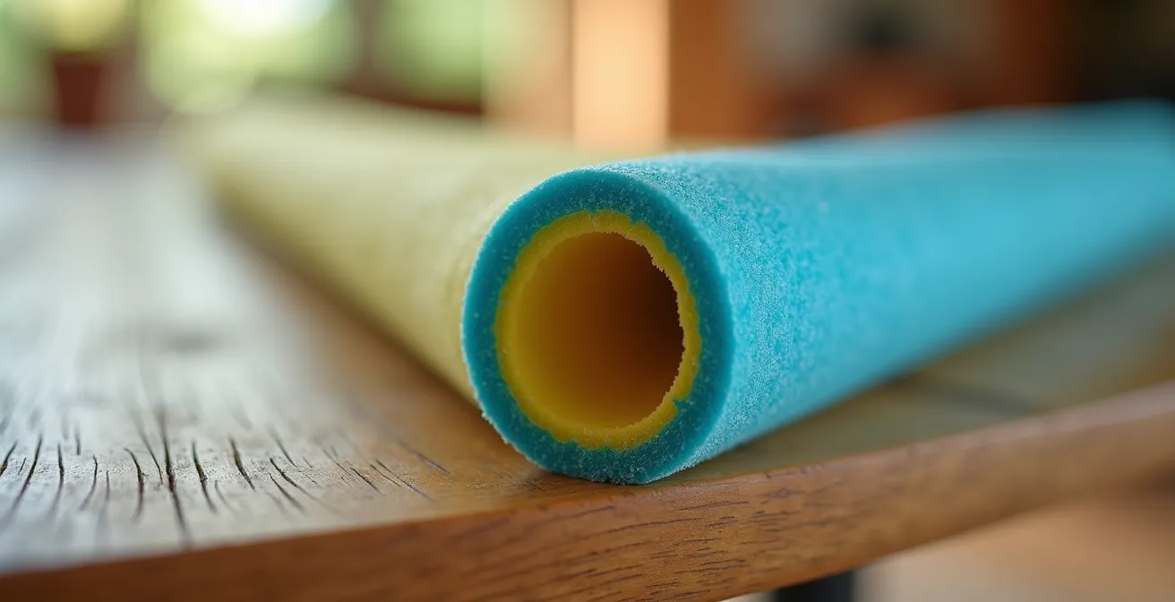 Gros plan sur une nouille de piscine découpée protégeant l'angle d'une table en bois