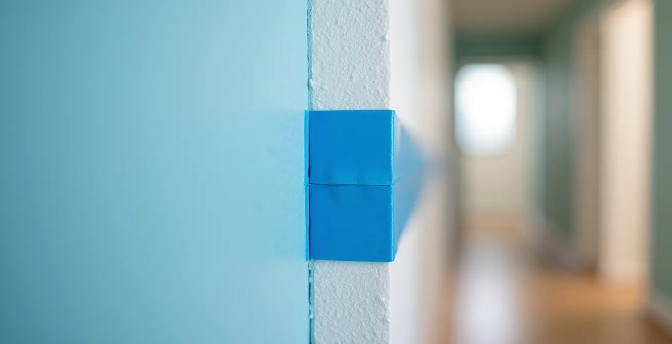 Gros plan sur un angle de mur protégé par une nouille de piscine découpée et fixée avec du ruban de peintre bleu