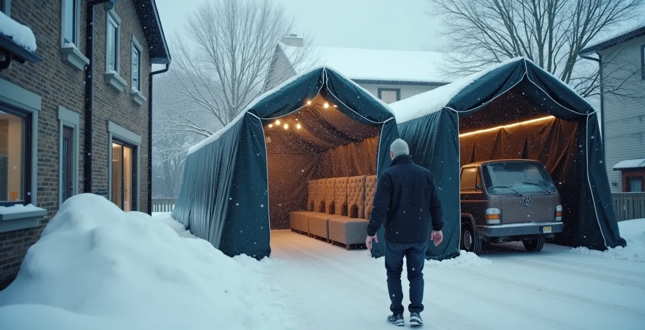 Équipe de déménageurs protégeant des meubles enveloppés contre la neige avec bâches et couvertures imperméables