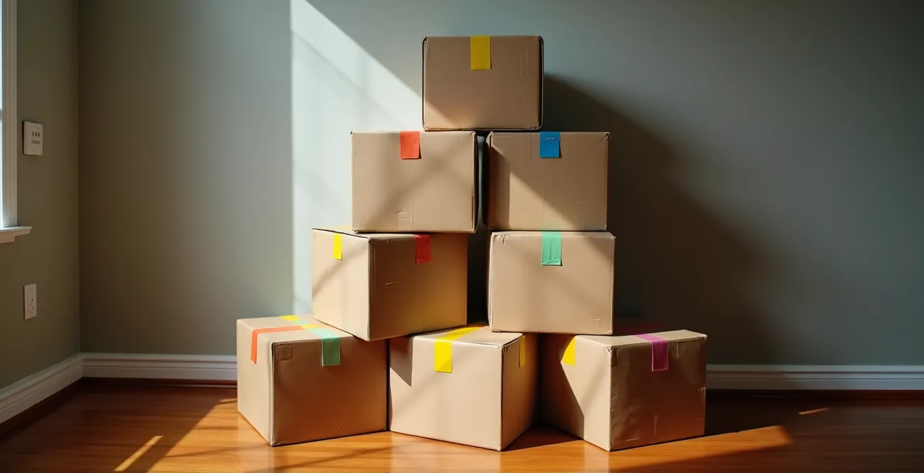 Représentation visuelle d'une pyramide de priorités de déballage avec cartons empilés