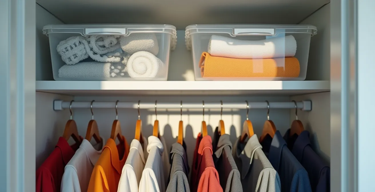 Vue plongeante d'un placard ouvert montrant une organisation en zones avec boîtes transparentes en hauteur et vêtements accessibles