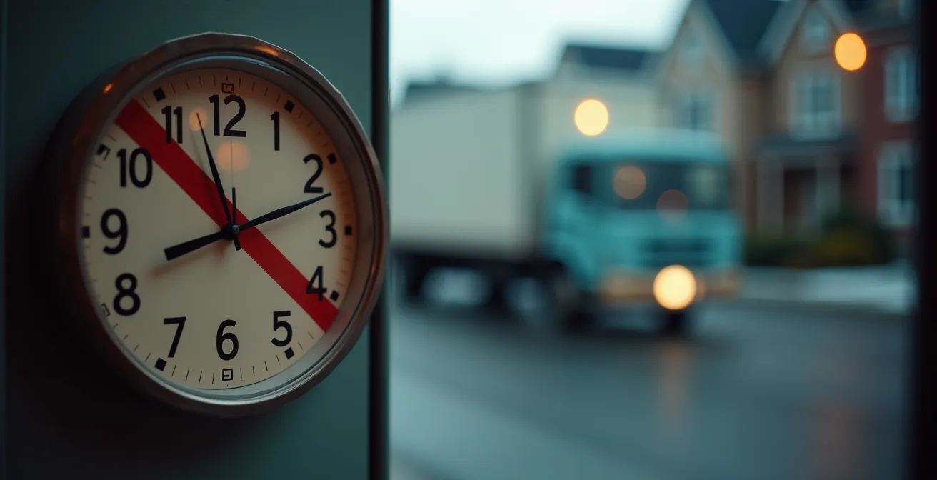 Horloge murale montrant 7h du matin avec symbole d'interdiction et camion de déménagement en arrière-plan flou