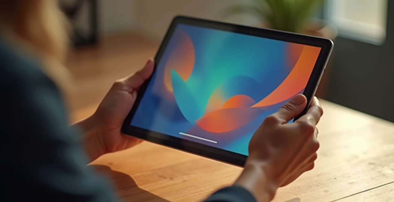 Mains tenant une tablette affichant des icônes abstraites de services gouvernementaux canadiens