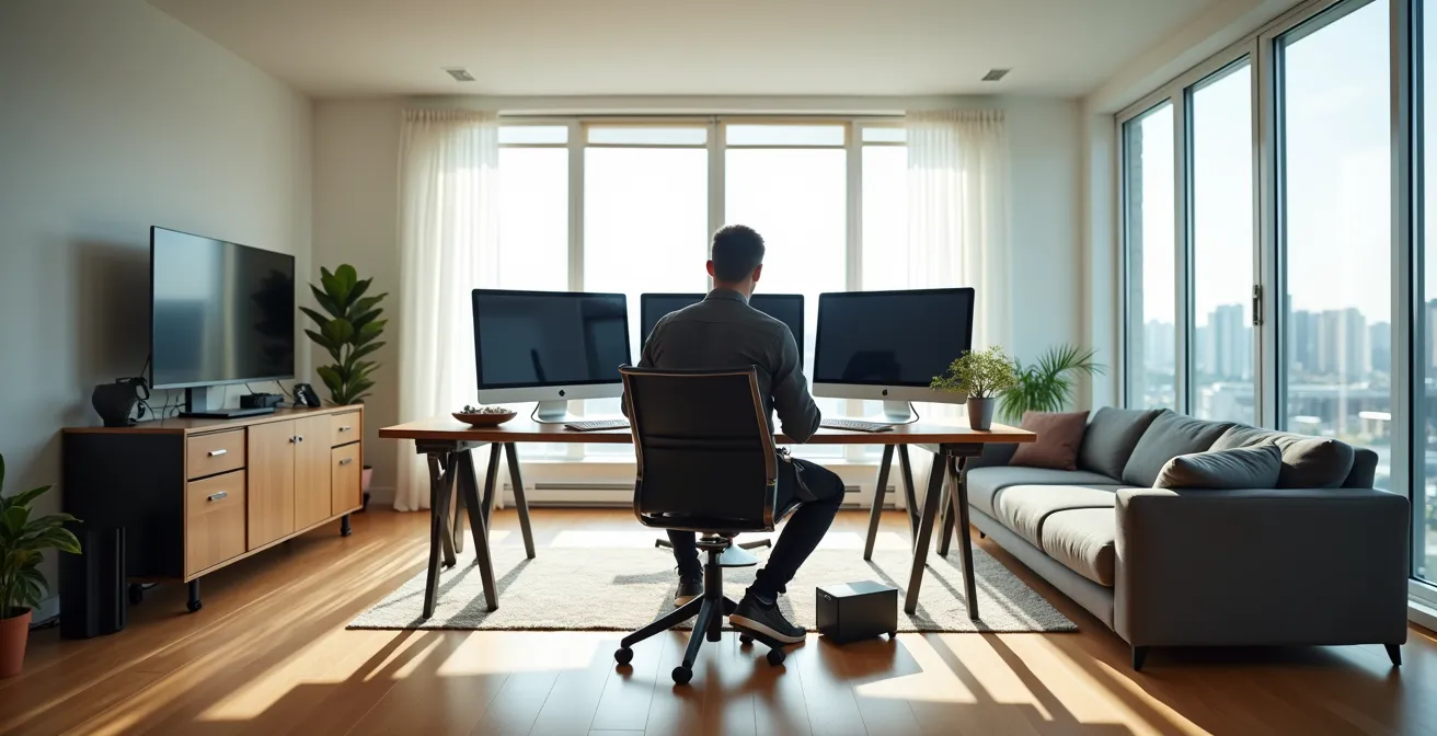 Technicien professionnel installant un système de bureau à domicile dans un condo canadien