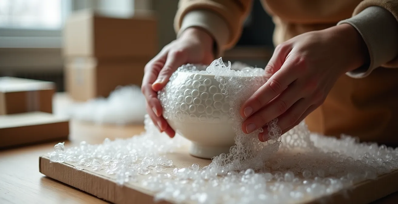 Mains expertes créant une structure de protection en film à bulles autour d'un objet fragile