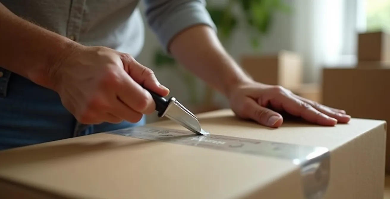 Mains utilisant un coupe-film de sécurité pour ouvrir délicatement un carton scellé avec de l'adhésif armé
