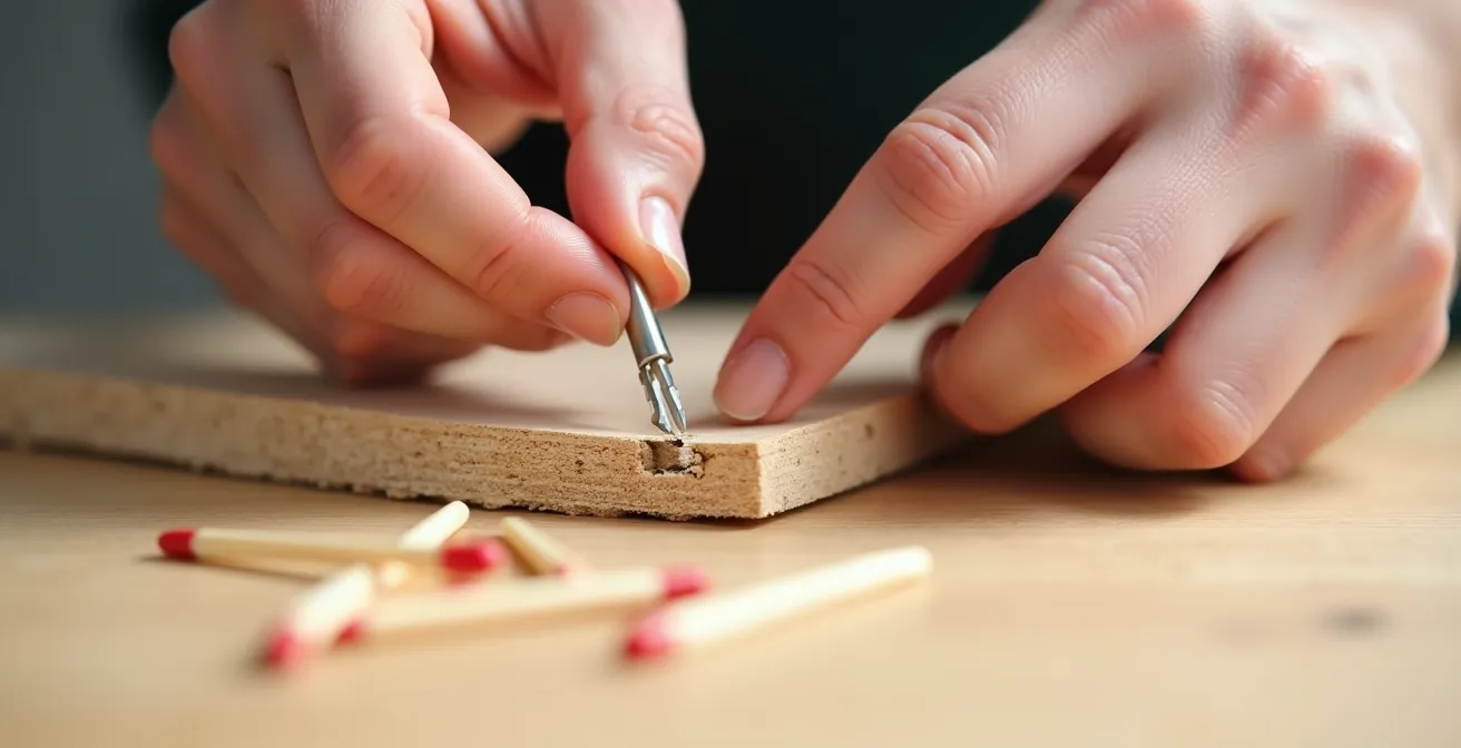 Vue rapprochée de l'application de colle à bois avec cure-dents dans un trou de vis élargi