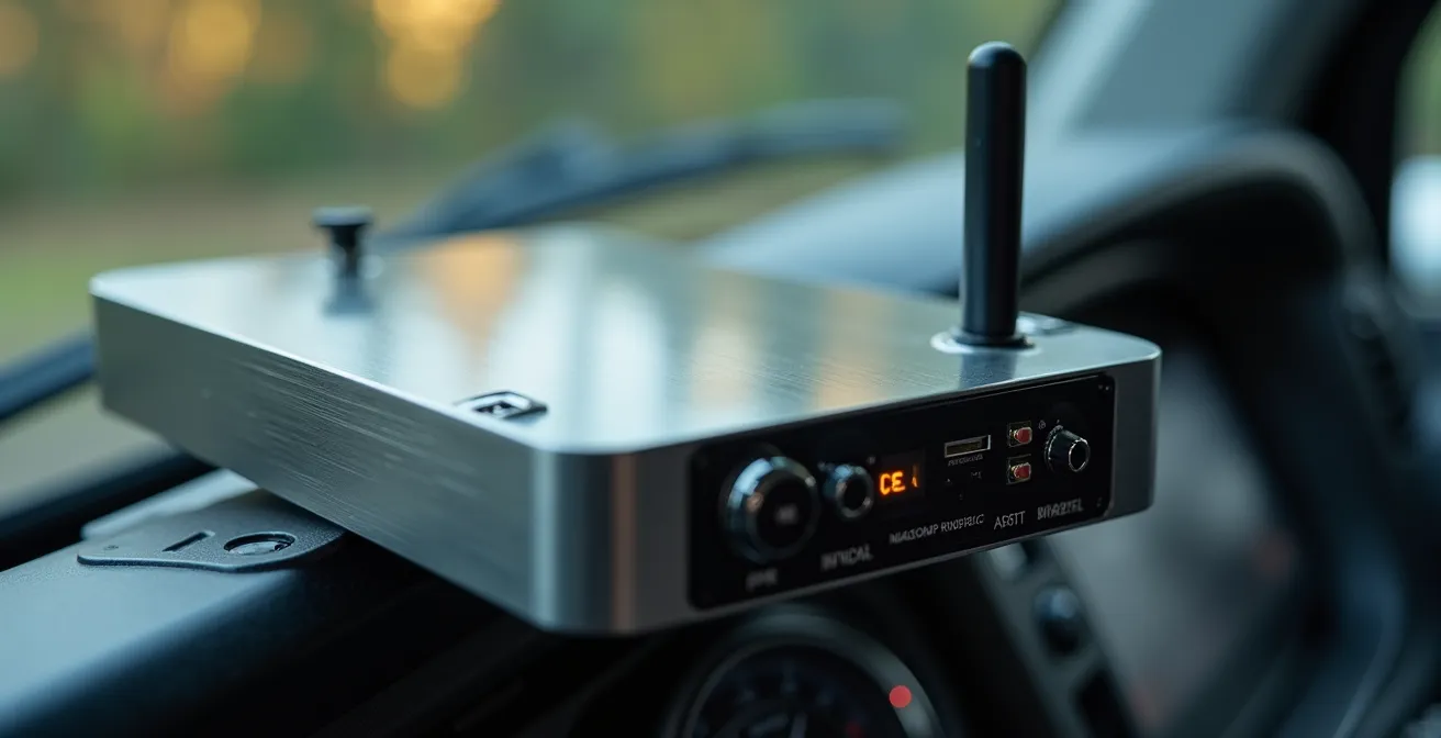 Détail macro d'un dispositif GPS professionnel installé dans un camion