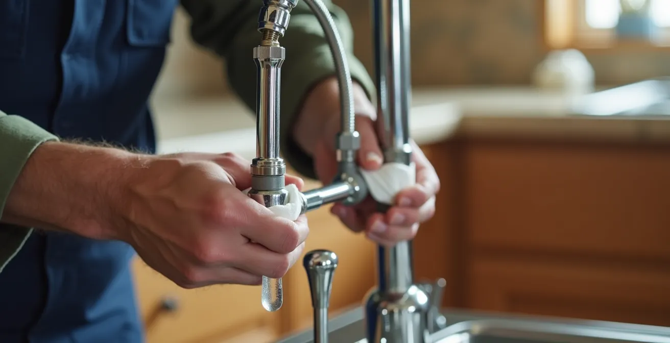 Mains positionnant stratégiquement du papier essuie-tout sous les raccords d'un appareil pour détecter les fuites