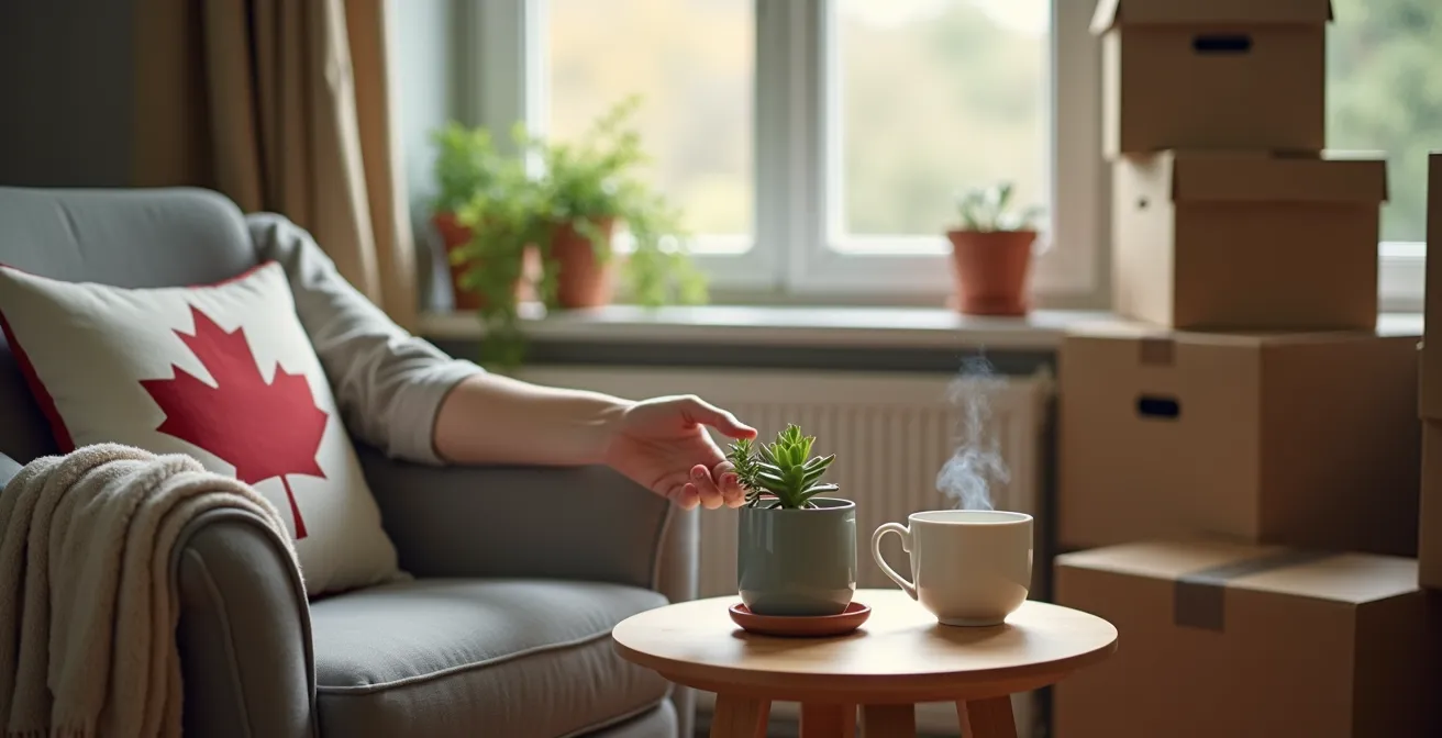 Coin confortable avec fauteuil, plante verte et lumière douce près d'une fenêtre dans un appartement en cours d'installation