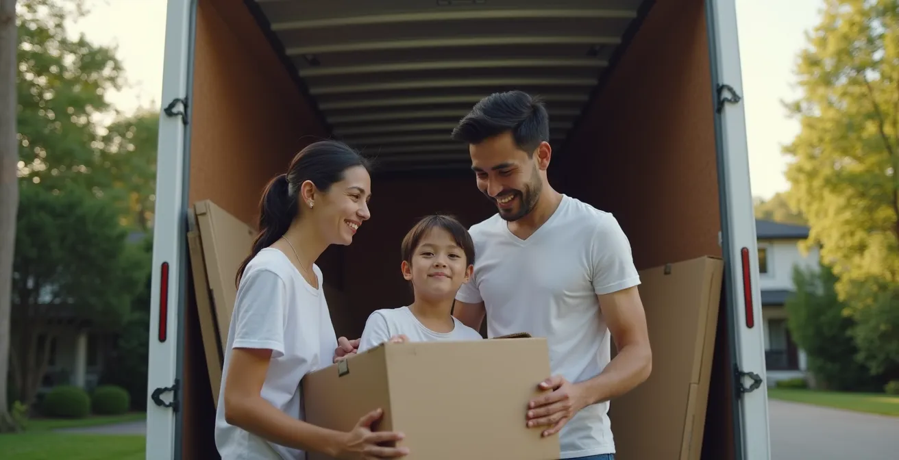 Famille chargeant tranquillement des cartons dans un conteneur sur leur terrain