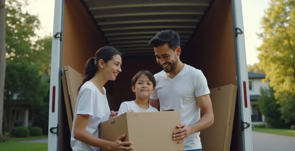 Famille chargeant tranquillement des cartons dans un conteneur sur leur terrain